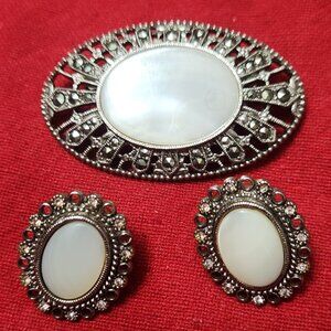 1928 Jewelry Earrings & Brooche Faux MOP Moonstone Silver Art Deco Victorian 80s